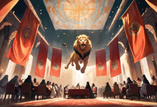 9th-century Arabian People dining and shockingly looking up surprised, inside a giant high-ceiling 9th-century Arabian castle dining room with flags curtains on all sides that have a lion printed on each one of them. a great beautiful lion jumping out of a flag curtain that has a lion printed on it