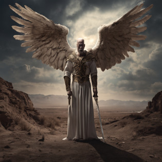 an image of a man with a sword standing in a desert, Anjo no inferno, arcanjo, angels vs demons, angel watching demon, angels and demons, anjo protegendo o homem, Arcanjo Miguel, O Anjo da Morte, Battle between angels and demons, anjo super largo, epic angel wings, angels protecting a praying man, necessidade humana anjo da morte