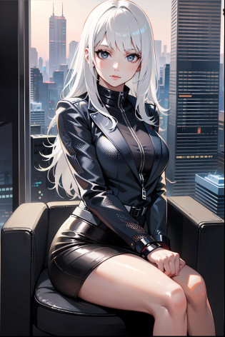 (masterpiece:1.3), (8k, photorealistic, RAW photo, best quality: 1.4), (1girl), beautiful face, (realistic face), Nice hairstyle?Realistic Eyes?Nice detail eyes??Realistic Skin??Beautiful Skin?Ridiculous?attractive?Ultra high Resolution?an ultra realistic?RAWExtremely detailed?golden proportions, Woman wearing business outfit, white formal blazer, white blouse, white high waist business skirt, beautiful, masterpiece, best quality, perfect lighting, (white hair:1.4), long hair, (grey eyes:1.2), slender build, thin, medium breasts, business woman, ceo of small arms and aerospace centered mega corporation, sitting in luxurious black office chair, giant modern window with view of dusk cyberpunk city skyline in background, torso shot, dusk, (cyberpunk city background:1.3), (Hazy sky:1.2), (Dim red sun:1.3), eyelashes, dark eyeliner, cyberpunk, older, sleek modern-futuristic office