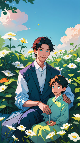 Make illustration poster, Chinese illustration, flat illustration, (((Father's Day))), Asian, (((father and son))), father smile, clear facial features, smile happiness on face, 4-5 year old boy sitting on father's shoulder, outdoors, sunny, blue sky and white clouds, flowers and green plants in foreground, colorful, highly saturated, contour light, warm and bright, colorful, HD 8K, colored light particles, heterochromatic, (color: 1.5) , --v6