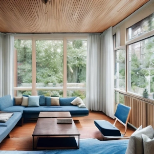 high resolution photography interior design, dreamy sunken living room conversation pit, wooden floor, small windows opening onto the garden, bauhaus furniture and decoration, high ceiling, beige blue salmon pastel palette, interior design magazine, cozy atmosphere