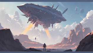 Drawing of a man standing on a rock and a spaceship flying over a rocky ground, inspired by sparth, Epic spaceship scene, sparth style, Spacecraft flies far, Star Citizen Digital Art, sci - fi illustrations, sci-fi illustration, detailed sci-fi art, In the sky spaceship, Spaceship in cloudy sky