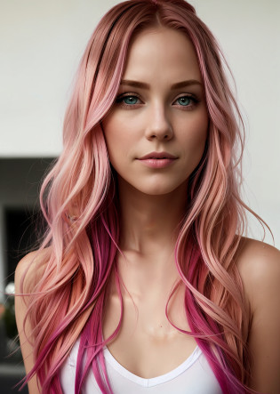 blonde woman with pink hair and blue eyes posing for a picture, blonde hair with pink highlights, pink hair, light pink hair with pink flames, brunette with dyed blonde hair, two tone hair dye, light pink hair, flowing pink hair, long flowing pink hair, long pink hair, pink tones, pink wispy hair, bright pink highlights