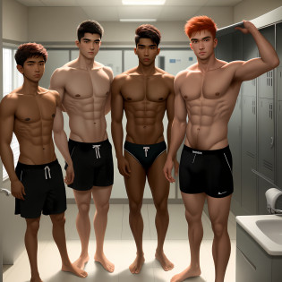 2 men, 1 10 year old Asian boy, 1 sexy 16 year old Indian teenager along with another red-haired man, his young physical education teacher, the teacher has a small beard, only the teacher has hair on his chest, the teacher is 22 years old, only the teenager and he teacher alone, hyper-realism, real person, realistic, ultra high definition,  high resolution, both naked, both with firm and sexy breasts, with a square face, wavy short hair, brown eyes, very brown skin with teenage hair, fair skin the confident and mischievous teacher, no backlight, alone in the men's locker room in high school, teacher taller than teenager, doing rude pose, frontal, full-body shot,  male figure, underwear, sexy, seductive, tanned, bubble bath