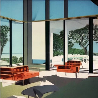 Hyper realistic eye level exterior photo of a mid century modern style house overlooking the ocean, daylight, indirect lighting, AD magazine, Frank Lloyd, Eames, Mies van der Rohe