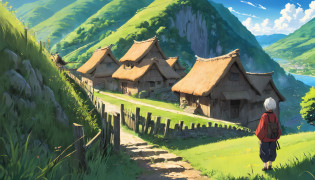 1boy with white hairs, blue eyes, red shirt, a bag pack, rural village, studio ghibli scenery, perfect, best quality, best art, (high detailed:1.4) 8Kpicturesque village nestled in a lush valley. The sun is rising, casting a warm glow on the thatched cottages and rolling hills.