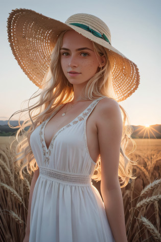 [full:upper:6] body photo of an attractive 30 year old beautiful woman wearing casual sundress and a sun hat standing in wheat fields holding one hand in the air, solo, [caucasian|swedish|italian], messy long [white|blonde] hair, slim body, large green eyes, luscious lips, freckles, looking at the camera, detailed face, detailed eyes, detailed clothes, rural area background, in front of a village, dust, dusty and dirty environment, drought, heatwave, sun rays, midday, summer, heat distorted air, heat distortion, soft lighting, cinematic lighting, backlight, desaturated, refracted sunlight, medium depth of field, high quality, ultradetailed, sharp focus, dslr, uhd, hdr, 8k, intricate details, hyperdetailed, f/5.6, absurdres, professional, photorealistic, photo-realistic, realism, hyperrealism, art photography, analog, award winning masterpiece, vintage, dynamic composition