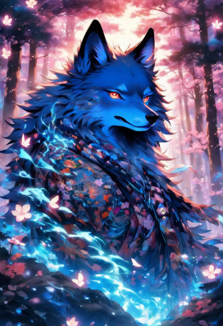 The most beautiful and enchanted wolf spirit, white hair, glowing blue eyes, tons of tattoos and piercings, in the most beautiful enchanted forest, graffiti and kanji elements in the background, cherry blossoms blowing in the wind, highly detailed, perfect masterpiece, high quality, high resolution