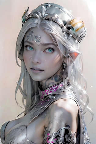 Ultra-detailed complex 3D rendering of the face, (masterpiece, top quality, octane rendering,), glamour shots full body image, very beautiful young elves, cleavage, (highly detailed skin: 1.2), (exposure: 1.1), ((blue micro bikini: 1.95)))). , 8k, (((very soft breasts)), (((conspicuous large pink areola)), beautiful Caucasian woman with white skin with full soft breasts with big buttocks, one, long braided hair, big breasts, dynamic angles, (((huge breasts: 2.4)), ultra-realistic photos, ((((((silver hair)))), futuristic urban background, facial muscles, (((((detailed and glamorous silver crown)))), In the style of Marvel Comics, ArtStation Trends, Clear Focus, Intricate Details, Very Detailed, Detailed Green Eyes, Sharp Focus, Digital Rendering, Professional, Abs, Lip Gloss, Glossy Skin, Sexy Pose, Golden Tattoo All Over Body, Silver Pattern All Over Body, Silver Lame Skin, Gold Glitter Skin, Mansuji, Buttocks, Jeweled All Over the Body, with silver scales, silver hair,