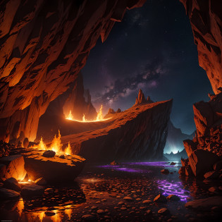 Extensive landscape ultrasound photography (general view, which shows the stone vault of the cave), (detailed description of the cave), solidified lava (in detail), stalactites (in detail), stalagmites (in detail), as well as helicates (in detail), lake (in detail), mercury on the surface of the lake, reflection of the full moon of shooting stars on the surface of the lake, the burning surface of the lake, elves (1: 3), moths (1: 3), fireflies (1: 3), (ultra-detailed description of appearance), burning crystals (crystals: 1,2),  reflection on the surface of mercury, burning stones, (falling stones: 0.9), (fire: 1.3), crystals, fire stones, lava, mercury, cave BREAK production art, (cold light source:1.2), (Firefly:1.2), fire particles, dark, red, yellow and orange, complex details, volumetric lighting, realistic fantasy BREAK (masterpiece:1.2), (best quality), 4k, ultra-detailed, (dynamic composition: 1.4), highly detailed, colorful details, (gloomy colors:  1.2), (luminous lighting, atmospheric lighting), gloomy, dark, magical, (solo: 1.2) --auto --s2