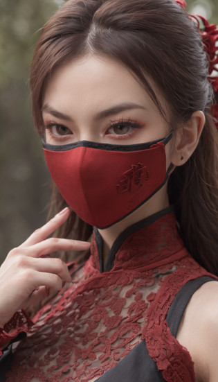 Self-portrait of a woman, Master parts, extremely detaile, best qualityer, Pair it with kung fu outfits, (((Use a facial eye protection mask))), Red mask, extremely detaile, as Sasha Street. (8K, SuperiorQuality, best qualityer, tmasterpiece, highly  detailed: 1.2), (((Low-arm posture, Both hands are lowered)))