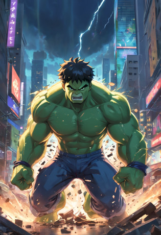 (best quality,4k,8k,highres,masterpiece:1.2),ultra-detailed,(realistic,photorealistic,photo-realistic:1.37),Hulk,Marvel comics,strong and muscular body,ripped clothing,green skin,angry expression,fists clenched,massive appearance,destructive power,Marvel superhero,Midtown Manhattan,New York City,skyscrapers in the background,dark and intense atmosphere,dramatic lighting,comics-style art,explosive action,dynamic poses,vibrant colors,shattered debris,fury and power emanating from the Hulk,emotionally charged intensity,action-packed scene,epic confrontation,sensational illustration.