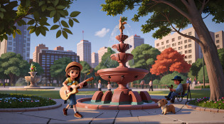 detailed game art illustration?in the afternoon?Sunlight falls on the ground through the gaps between the trees,There is a musical fountain park around the corner?(There is a young girl in casual clothes in the park)?A man in a hat sits on a park bench reading a newspaper?(There was a dog listening to the girl playing the guitar)?{{o cachorrinho}}?[The fountain glows in the sun]?[Some pedestrians]?[Hip hop dancing little boy]?[There are middle-aged people laughing and laughing with friends]?[[A family of three taking photos in the distance]]?[[[High-rise residential]]]?cartoonish style, People view?Atmosphere map?(The fountain is located in the visual center of the picture)?Natural soft light??The fountain