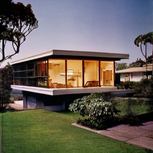 hyper realistic eye level exterior photo of a mid century modern style house overlooking the ocean, daylight, indirect lighting, AD magazine, Frank Lloyd, Eames, Mies van der Rohe