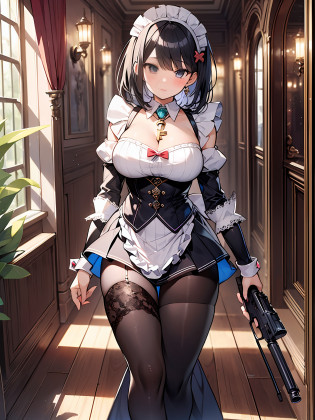 Victorian maid, vintage-style maid uniform, heavy weaponry, handgun, gun belt, ammunition belt, floor-length skirt, heavily armed, combat boots, determined expression, intricate lace detailing, polished silverware, opulent mansion, dimly lit corridor, secret passageway, hidden treasures, mysterious aura, adventure awaits, stealthy pose, vigilant gaze, hidden identity, concealed daggers, ornate key, master's loyal guardian, maid with a mission, elegant and deadly, unconventional maid duties.break {{Eroge,Game CG,High quality game CG},{{{1girl in}}},{{masutepiece}},25 years old,adult lady, {{{Best quality}}}, {{Ultra-detailed}}, {{Illustration}},{{magical little girl}},brooch,{{{1girl in}}},{masutepiece}, {{{Best quality}}}, {{Ultra-detailed}}, {{Illustration}}, {{disheveled hair}}, brooch,Huge ass,magcal girl,, frilly sleeves,,Blue yukata, alternate hairstyle,, Black eyes, Black hair,Very short hair, medium breasts, , Eyelashes, Lips,,, break,