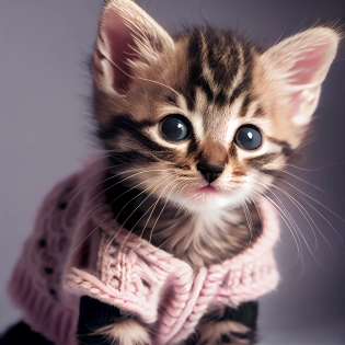 beautiful kitten in a cardigan, studio photography, high resolution, Cinestill 50, clear focus, Mamiya RZ67, 35mm photograph, Ultra-HD, wildlife photography, day light, high detail, complex details, Sony Alpha 7, ISO800, clear focus, soft lighting, super detailed, Sony Alpha 7, 8K --upbeta --v 4
