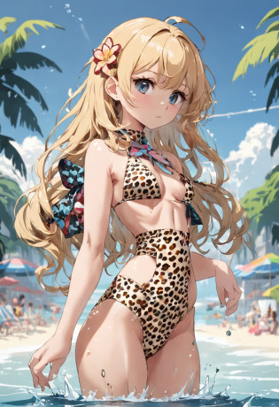 1girl wearing __color__, {houndstoot| leopard| water ripples| tiger| Geometric| Dot| Flower| heart| Stripe} pattern micro bikini (on the beach), solo, cute, teen, big breasts, (full body),
standing, contrapposto, blonde bob cut hair,
absurd-resolution, best quality, absurd detailed,