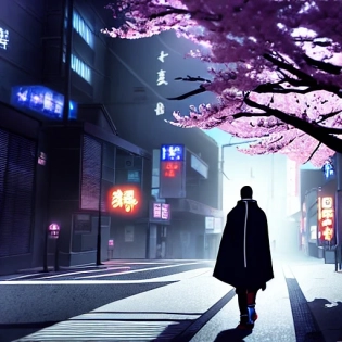 anime key visual of man in grey cloak with dagger walking in Cyberpunk Tokyo City, from the anime Chainsaw Man, official media, by Dubu, street view, cinematic composition, detailed, magic atmosphere, anime man, night time, unreal engine 5, with cherry trees in blossom and solo leveling vibes --testp --uplight
