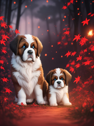 Masterpiece, best quality, (very detailed CG unity 8k wallpaper), (best quality), (best illustration), (best shadows), glowing sprite, (white with red little St. Bernard puppy), next to the lake clear water, natural elements in a forest theme. Black Mystery Forest, beautiful night forest, nocturnal nature surrounded by black flowers, black leaves and red branches surrounded by red fireflies (natural elements), (white little St. Bernard puppy), (night sky), (night jungle theme), (red glowing grass), (leaves), (branches), (red fireflies), (particle effects), etc.3D dark background, Octane rendering, red ray tracing, super detailing, ((black and red tones))