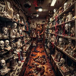 Paper Cuttings style? (((Inside the bloody parts store)))The shelves are full of horror, blood vessel, sci-fy ,(crowed:1.2),[Creepy mannequins], [Horrible amputation], [Bloody tools], [Rotting organs], [Terrible surgical instruments], [Disturbing dissection table], [Eerily dim lighting], [Sinister atmosphere][Creepy sculpture], [Disturbing mural], [Horror movie props], [Creepy doll head], [Haunting reflection], [Creepy shadows], [Morbid curiosity], [Creepy glass jars], [Ominous background music], [Creepy costumes], [Distorted mirror], [Menacing mannequin eyes], [Spooky abandoned aisles], [Bloody floor], [Haunted whispers], [Psychotic salesman], [Creepy window display], [Scary realistic mannequin limbs], [The screams echoed in the distance], [sinister expressions], [Strange mannequin face], [Grinding chains], [eerie fog], [The Mad Scientist Lab resonates], [Bloodstained price tag], [creepy atmosphera]