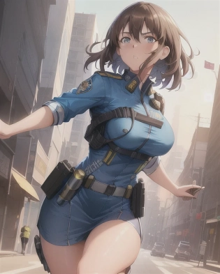 1girl, painting of a girl police, running, cops, helicopter, afternoon, natural hair color and eyes, anime, anime face, art by artgerm and greg rutkowski and alphonse mucha, 8k, artgerm anime, professionally color graded, depth of field, hdr, volumetric lighting