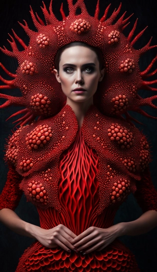 A model, hyper realistic faces, goddess, she is wearing a beautiful long flowing vivid red dress made entirely of red sea urchins and anemone tentacles, highly detailed portrait photography with depth of field, full body --v 4 --ar 9:16 --q 2
