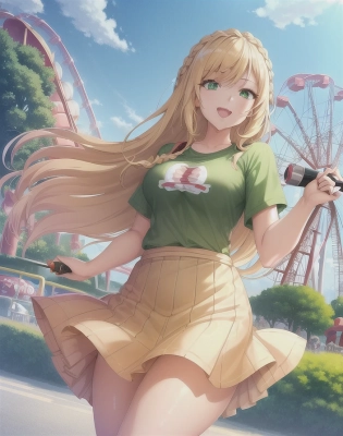 1girl, perfect anime illustration, happy, very closeup painting, braided hair, best blonde girl hair, green eyes, woman, casual outfit, t-shirt, outdoors, amusement park, roller coaster, walkways, park rides, games, slides, 1:00 pm, happy, realistic, aesthetic. best quality, animated lighting, masterpiece, fashion, anime, trending, detailed fanart, anime faces, dynamic pose