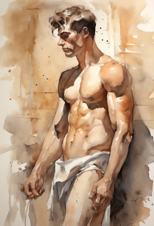 sketch, 20 yo male figure study, young muscle-bound jock, standing, full stocky body, completely naked, totally , no clothes, sans clothing, au natural, covering crotch with a white towel, bare butt, crowded gym shower with spraying showers and showering men in background, pastels, by harry bush, James Montgomery Flagg and Lois van Baarle and jim french and rossdraws, detailed realistic eyes, big bare feet, large bulge in crotch, very handsome, beautiful