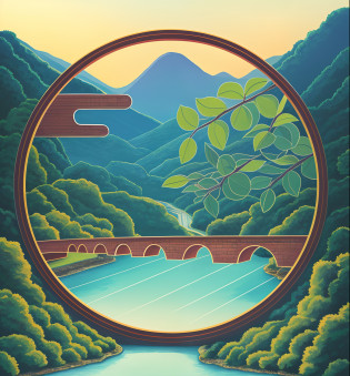 Illustration of a bridge with a river and mountains as a background, Landscape illustration, detailed scenic view, detailed scenic view , river in the background,  rios?Trees and hills, Landscape view, scenic landscape, scenery art detailed, mountains river trees, with trees and rivers, colorful illustrations