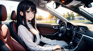??masterpiece?top-quality?perfect anime illustration?Only one young woman?Clean face?Laughing?long, shiny black hair?Rough clothing?Skirt and white blouse??Cool red sports car?Sitting in the driver's seat?He opens the door and leans in to invite us.?The time is evening?Sunnyday?red sunset?The location is the company's parking lot?Write