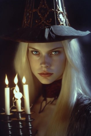 stylish ornate wonky witch hat, woman, cute, attractive, night time, head tilted to the side, from the side, fierce eyes looking into the camera, woman holding a Candelabra with lit candles, long blond hair, art deco, inside monestary, lighting from below, kodak portra 600, --ar 2:3