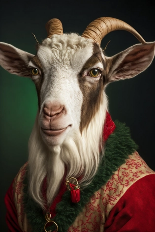Insanely detailed studio portrait shot photo of intricately detailed beautiful goat dressed as santa clause, smirking mischievously at the camera with mischievous detailed yellow green eyes , very detailed, rim light, photo, rim light, ultra-realistic, photorealistic, hyper detailed, photography, shot on Canon DSLR, f/2. 8 , photography by Felix Kunze and Annie Leibovitz and retouched by Pratik Naik --ar 2:3 --v 4 --q 2