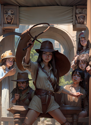 Girl in the center?The girl in the center has a whip and long hair?Uncle on the upper right?Girl in the center right?Male in the lower right corner?Female in the upper left?Uncle in the lower left?The background is Indiana Jones style? --auto