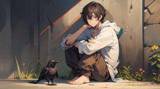 draw a poor messy male beggar, sitting next to a crow bird