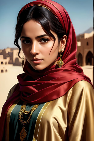 A closeup of a woman wearing a red and gold scarf, arabian beauty, Beautiful Arab woman, middle eastern skin, arab princess, arab inspired, Princesa persa, mulher iraniana bonita, young middle eastern woman, Orientalismo, mulher linda, the Middle East, portrait of bedouin d&d, Rainha persa, Olivia Culpo como Milady de Winter