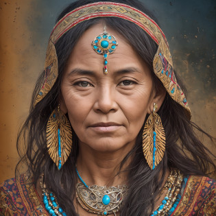 A dignified portrait of a 60-year-old indigenous woman from the Western region. This is an image inspired by the wisdom, resilience, and cultural heritage of indigenous communities. The environment/background should reflect the natural landscapes and cultural significance of the Western region, such as mountains, forests, or traditional dwellings. The woman should be depicted with traditional attire, adorned with meaningful symbols and patterns that represent her heritage. The image should be a high-quality photograph or digital illustration, capturing the woman's distinct features, including her weathered skin, expressive eyes, and a lifetime of experiences etched onto her face. The medium shot will provide a balanced view of the woman's face, highlighting her strength and connection to her community. The lighting should be warm and natural, accentuating her features and creating depth. The desired level of detail is high, with a resolution that allows for intricate textures and nuances to be visible. The goal is to create an image that honors the wisdom and cultural richness of indigenous communities, captivating viewers with its authenticity and storytelling power.
