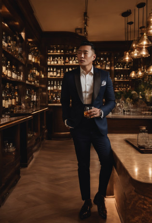 Dandyman?Black and white hair mesh?Man in his 40s???picture quality?An ultra-high picture quality?Real like a real human?wears a suit?Order whiskey from the shot bar?Dim shop?Stylish interior?Counter Table?A shop full of whiskey bottles?Gentle expression