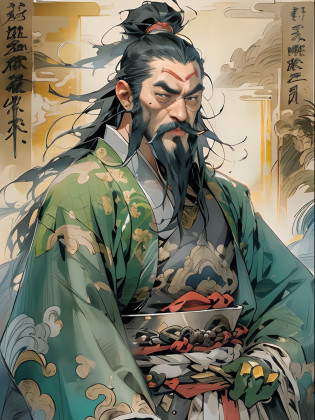 (((China-style?Ink painting method?Half-length portrait?Intense color?Han dynasty, China?Hanfu?Armor?Guan yu?Guan Yunchang?of a guy?Ruddy killing square face?Hold the Blue Dragon Moon Knife in his right hand?Stroke your beard with your left hand?Long hair?petty eyes?Green robe))), (((best qualityer))), (((tmasterpiece))), (((AS-Adult))), ((( Japanese ))), Look up from your knees, Handsome Asian samurai?perfect body figure, Modern samurai, ((( Asian))), Wear gloves on your hands?The left arm is made of steel and metal tips?Made of protective devices, The eyes are pulled, (( Appears below the chest )), (( Small dental floss )), Simon Bisley, Almost naked?Simon Bisley?Castle City Wilderness?For high-resolution posters, hair straight, Minimum clothing, armure (Crazy clothes ), Full of tips and rivets, tribal tattoos, (((full bodyesbian))), Straight brunette hair?Colored hair ends
