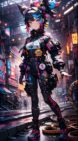 (cyberpunked),Optical camouflage?VR Goggles?Neon light?City of the Future?Jumpsuit?(1girl in, Solo:1.6),(Cute smile),(Clothes are simple), (Best Impact:1.5), (maximalism:1.7), Vivid contrast, (Realistic), hyperrealistic illustrations, hight resolution, ultra-detailliert, absurderes,(Fractal Art:1.3)?Random hairstyle?Random hair color colorful?FULL BODYSHOT?Retro?Precise focus?randome pose?cinema4d?Drama
