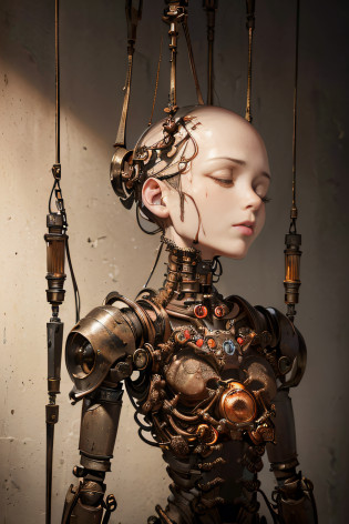 (((Highest quality))), ((Ultra Definition)), (Highly detailed photorealistic), (((Delicate and beautiful features)), (broken and detailed face)), cinematic light, ((Suspended mechanical puppet)), (((inexpressif))), seulement, corps entier, petit, Mechanical head, ((Bald mechanical puppet)), ((closed eyes)), ((Mechanical neon seals: 1.4), (Rusty mechanical limbs)), (blood vessels connected to tubes), ((rusty mechanical vertebrae attached to the back)), (((rusty vertebrae of the cervical machine) attached to the neck)), ((closed eyes)), (Rusty electrical wires and cables attached to the head and body: 1.5), petites lampes LED rouges sur le corps, Sf, Detailed rusts, ((intricate high detail, Realstic, photo-realistic, photo-realistic:1.37))