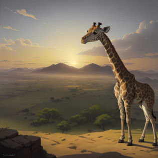 painting of a giraffe standing on a hill overlooking a vast landscape, pintura bonita de um alto, girafa, inspired by Jean-L�on G�r�me, Por Rainer Hosch, Fundo do Safari, illustration matte painting, Direction: Joop Sanders, pintura fosca