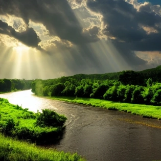 Photograph of expansive river with sun shining through clouds glistining off river , lush green vegitation late afternoon light , clouds , awe --ar 7:5 --hd