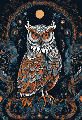 um close up de uma coruja com olhos azuis em um fundo preto, Coruja Radiante, criatura altamente detalhada, intrincado, coruja incandescente, the wisest of all owls, Grande arte digital com detalhes, coruja fofa com olhos grandes