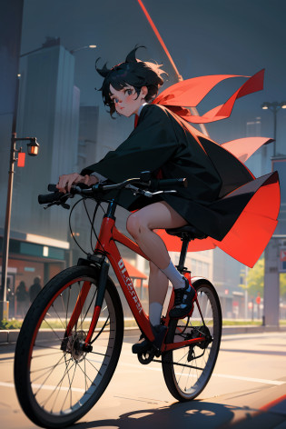Best image quality, outstanding detail, ultra high resolution, (realism: 1.4), best illustration, prefer details, carrying a big back, bicycle, Kiki posing cute in front of bicycle, background is urban office district, black robe, red ribbon, kiki, gigi, active,