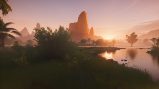 There is a woman standing in the grass near a lake of water, beautiful screenshot, video game screenshot>, rendered in CryEngine, PC Screenshot, Villages, Unreal Engine, Dusty Unreal Engine, Sunset Lighting 8K, Cinematic Level Shot, rendered in UnrealEngine, alongside Desert Oasis, Game Engine Lighting, ( (Unreal Engine), game screenshot