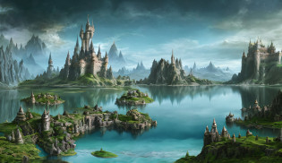 painting of a fantasy landscape with a castle and a lake, a surreal dream landscape, surreal dreamscape, in a surreal dream landscape, surreal dream landscape, surreal matte painting, symmetrical fantasy landscape, magic realism matte painting, surreal alien kingdom, neosurrealism. digital art, organic matte painting, surrealism 8k, surreal landscape, dreamy matte painting, fantasy surrealism
