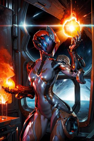 masterpiece,best quality,1girl,Ember,gauntlets,(helmet),fireball in hand,spacecraft interior,science fiction,<lora:Ember:0.8>,