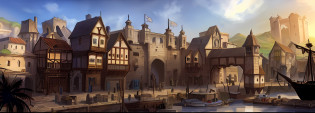 arafed view of a town with a boat in the water, medieval concept art, medieval city, renaissance port city background, medeival fantasy town, medieval town, kingslanding, a medieval city, medieval fantasy game art, medieval gates, medieval city background, flintlock fantasy capital city, steampunk villages castles, medieval setting, medieval fantasy art, fancy medieval architecture