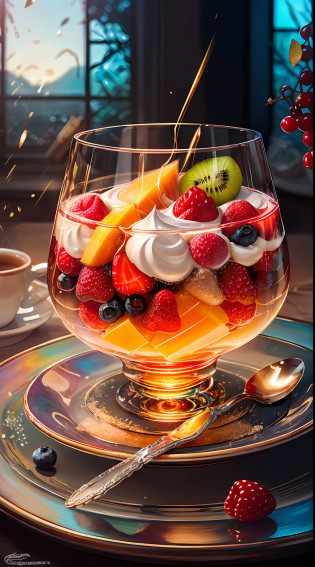 Healthy breakfast. Faceted glass, crystal, mother-of-pearl shimmers, Multi-colored highlights, Different play of light, Berry yogurt, CocktailWorld, scenery, landscape, Street, Depth�of�field , ((blurred background)), Masterpiece, Best Quality, ultra detail, (((Multi-layered jelly))) glass, stained glass windows, Multi-colored sparks glare, tmasterpiece, Top Quality, Experience, Chic, Boho-chic, a gold, utensil, kettle, a cup, plate, crystals, with floral print,1 cup milk yogurt) 1 teaspoon vanilla extract of your choice, Chopped fresh fruits (For example, strawberries, kiwi, mango, blackberry, raspberry, cherry, carambola, blueberries, etc.) Marengo, coffee