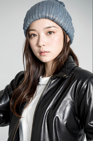 ((8k:1.27), best quality, masterpiece, ultra highres:1.2) Photo of a beautiful Japanese woman (linda:1.1) (science fiction warrior woman:1.1) space soldier, (beanie:1.61) (leather jacket:1.21) intricate elegant, costumed, detailed, metric by greg rutkowski and alphonse mucha, gradient lighting, straight cut hair